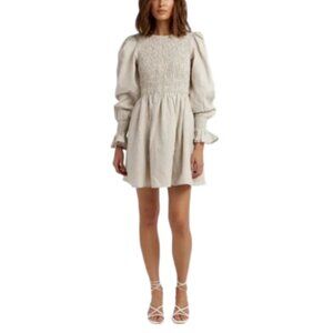 Dissh Linen Dress Kennedy Beige Natural Mini Shirred Bodice Long Sleeve